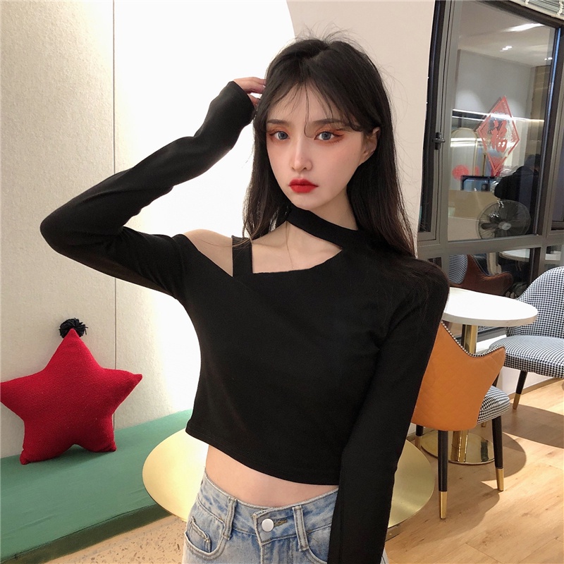 Áo thun SUXI tay dài trễ vai màu đen quyến rũ thời trang mùa thu cho nữ