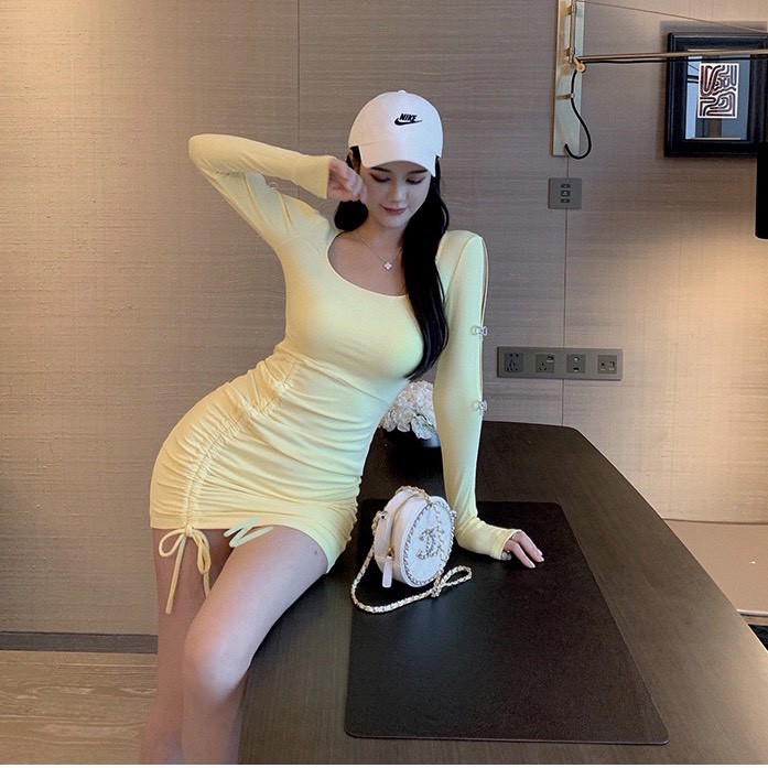 Váy Body Dây Rút Tay Dài Đính Nơ Đá LSEOUL V0763