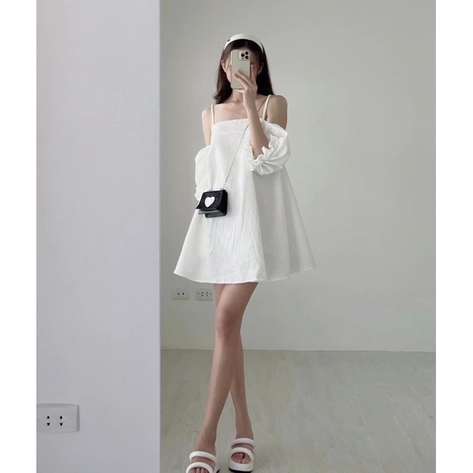 [Ảnh thật/Video]Váy trễ vai xốp sần Súuu MỚI tay rời mặc được hai kiểu Đầm trễ vai hai lớp sang chảnh