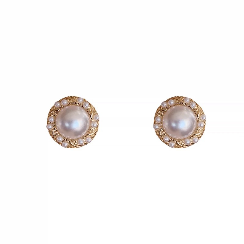 Bông tai tròn đính ngọc trai phong cách retro thanh lịch