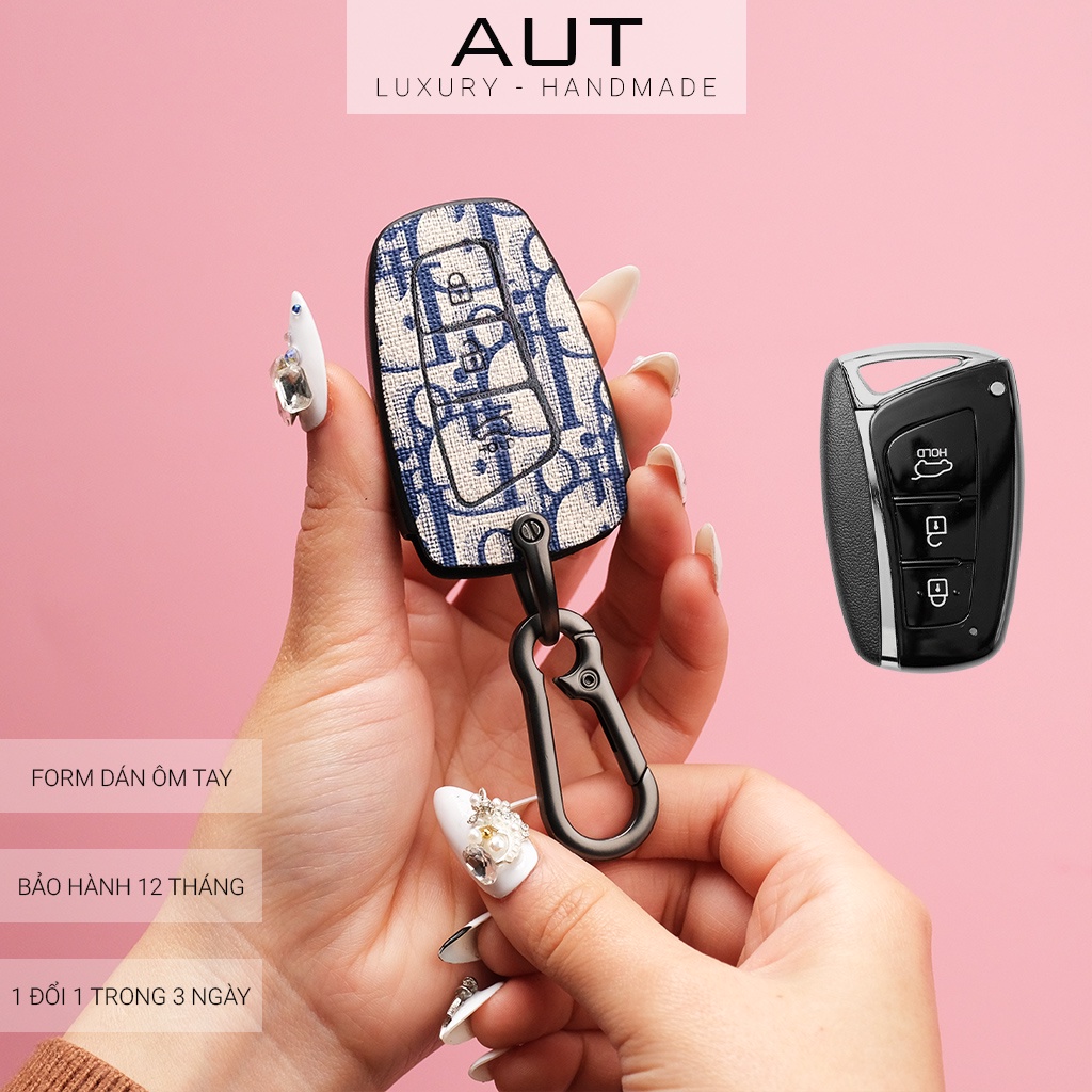Bao da chìa khoá Hyundai Santafe và chìa khóa độ Dior khâu tay HT CD
