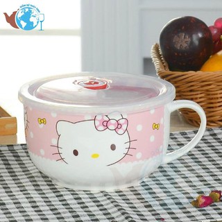 Ca chén sứ ăn mì có quai có nắp đậy chân không in hình ngẫu nhiên - nắp chân không đậy kín dùng được trong lò viba