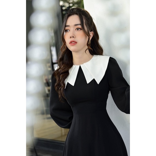 ĐẦM ĐEN TAY DÀI BO MIDI CỔ ĐÔI TRẮNG