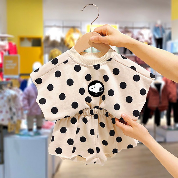 Bộ đồ mùa hè Cô gái nhỏ - Thời trang phương Tây Chấm bi Ngắn tay mùa hè Hai mảnh Tide - Cô gái không tay | BigBuy360 - bigbuy360.vn