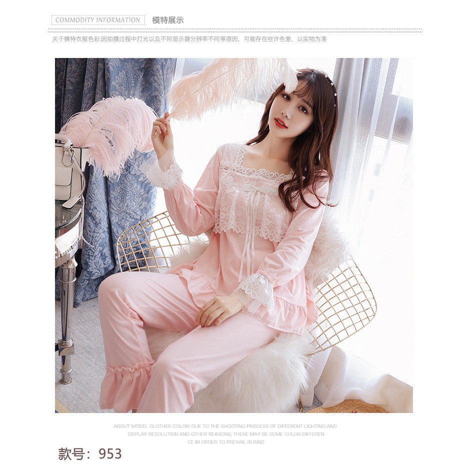 [Order] #34 Bộ ngủ tiểu thư cổ vuông ren cotton thích hợp mùa đông, xuân, thu | BigBuy360 - bigbuy360.vn