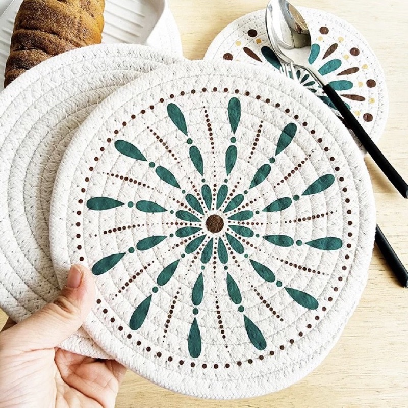 Đế lót ly nồi cách nhiệt, thấm nước để bàn bằng bông cotton dệt tay in hình hoạ tiết Mandala
