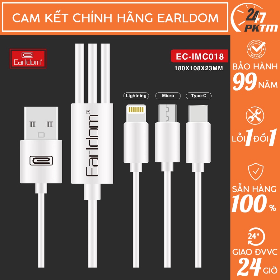 🛑 Chính Hãng Earldom 🛑 Cáp Sạc 3in1 hỗ trợ sạc nhanh 3A dài 1,2m CHÍNH HÃNG EARLDOM IMC-018 | Phụ Kiện Thông Minh 247 VN