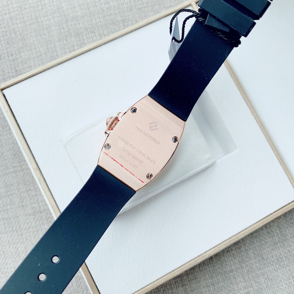 Đồng Hồ Huboler Hanboro Nữ Dây Da Silicon Đen Mặt Sắc Màu Rose Gold Authentic 31x42mm