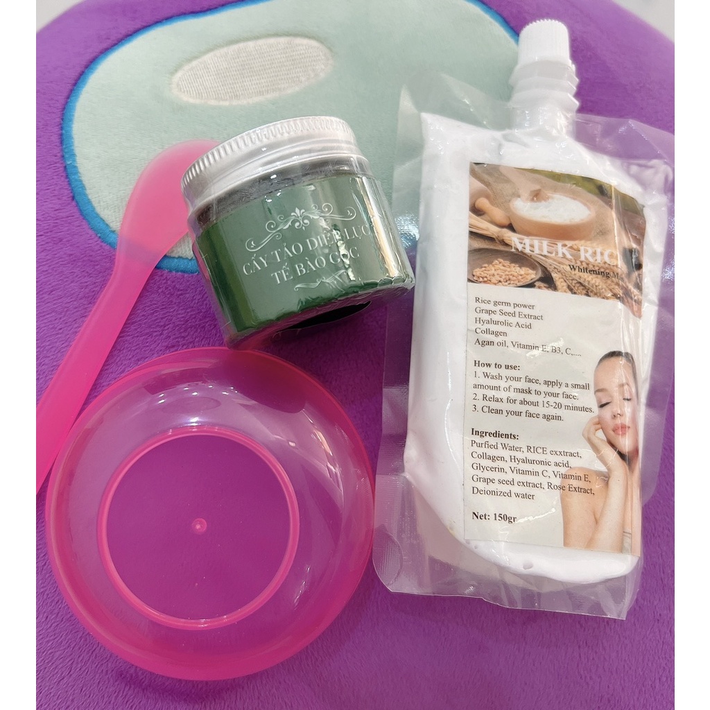 Combo cấy tảo diệp lục tế bào gốc+ ủ trắng mầm gạo( tặng bát thìa, cọ quét)
