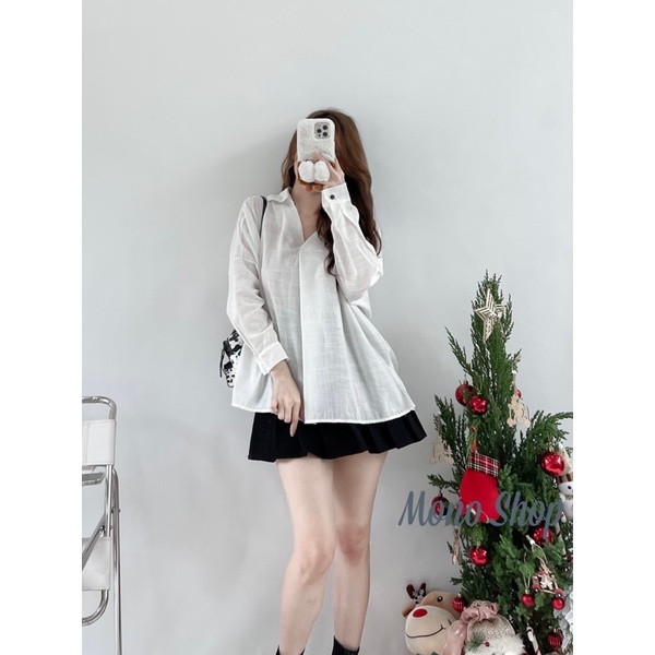 Áo sơ mi cổ V nút sau dáng rộng xẻ tà nhẹ 2 bên Ảnh thật/ sẵn