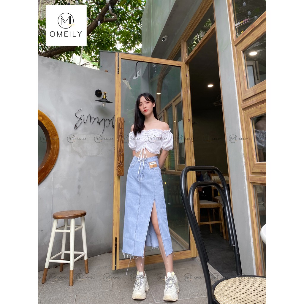 Chân váy Jeans xẻ tà cạp lưng cao chất liệu denim cao cấp Omeily