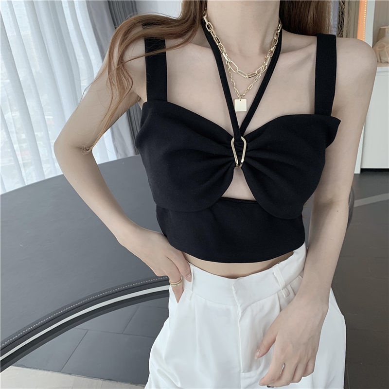 Jiashucheng Áo Sát Nách Ngắn Cổ Yếm Khoét Rỗng Cảm Giác Thiết Kế Ngọt Ngào Thời Trang Mùa Hè