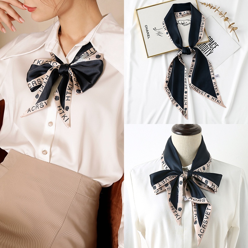 Khăn Choàng Lụa Dáng Vuông In Chữ Phối Dây Ruy Băng Dài 24 Giờ Thời Trang Mùa Xuân Mới 2022 Cho Nữ