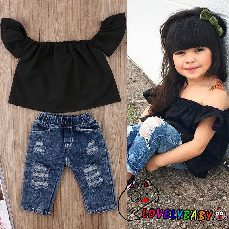 Set Áo Trễ Vai + Quần Jeans Dài Dễ Thương Cho Bé Gái