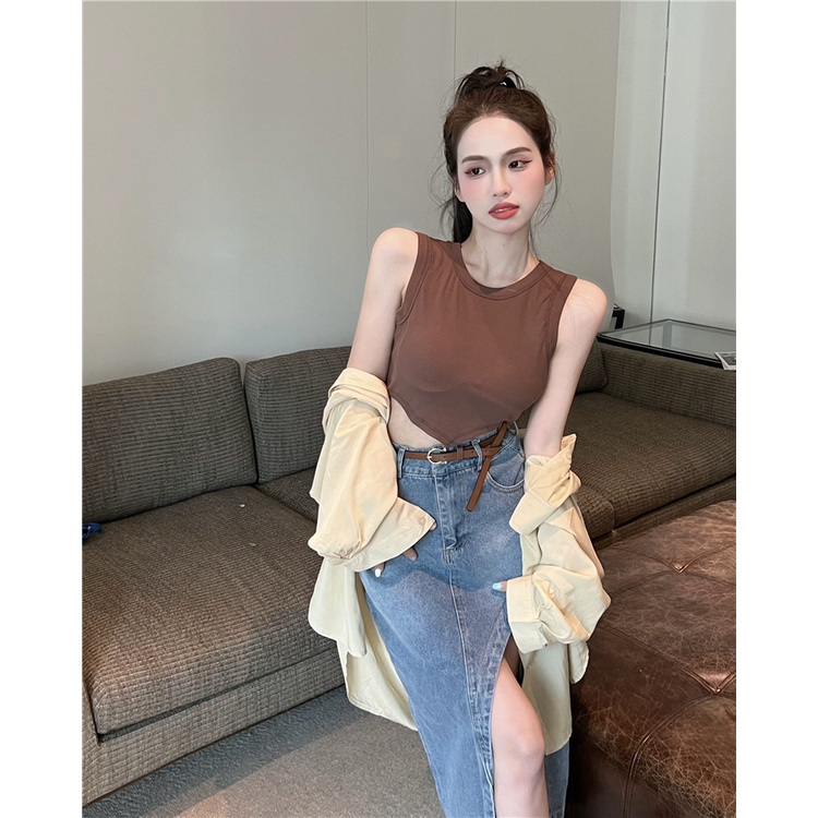 Bộ Áo Hai Dây + Áo Sơ Mi Tay Dài Chống Nắng + Chân Váy Denim Xẻ Tà Lưng Cao Thời Trang Quyến Rũ Cho Nữ
