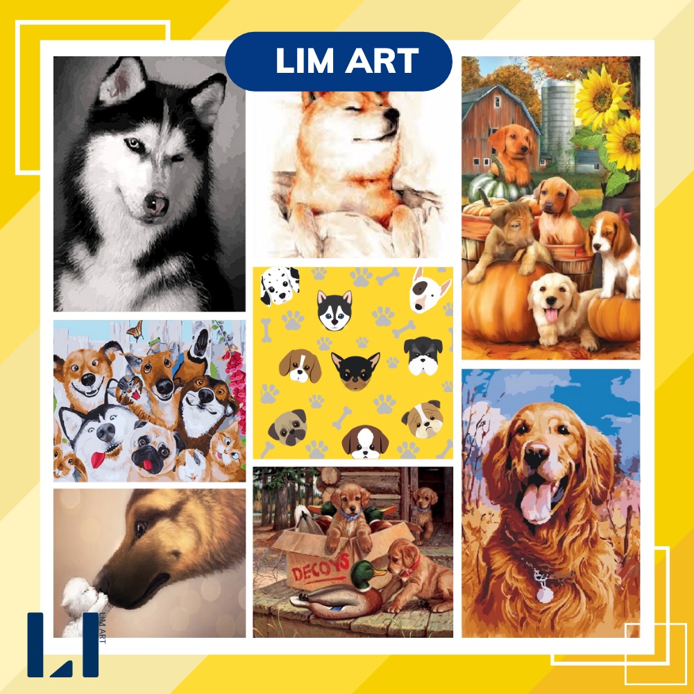 Tranh sơn dầu số hoá có khung LIM Art -Tranh tô màu theo số con chó husky, pug, shiba