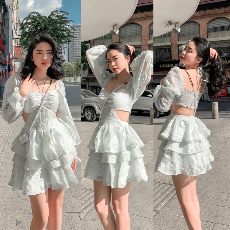 Đầm trắng hoa nổi cổ yếm tay lỡ cutout 💖 KÈM ẢNH THẬT | BigBuy360 - bigbuy360.vn