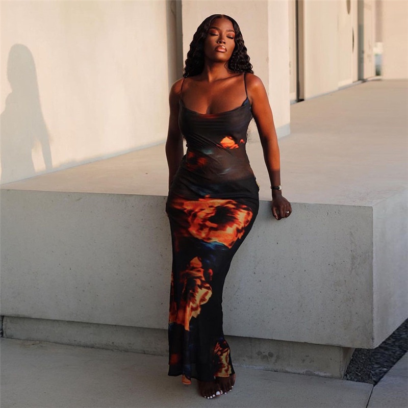 Đầm Hai Dây Hở Lưng In Họa Tiết Nghệ Thuật Thời Trang Cho Nữ