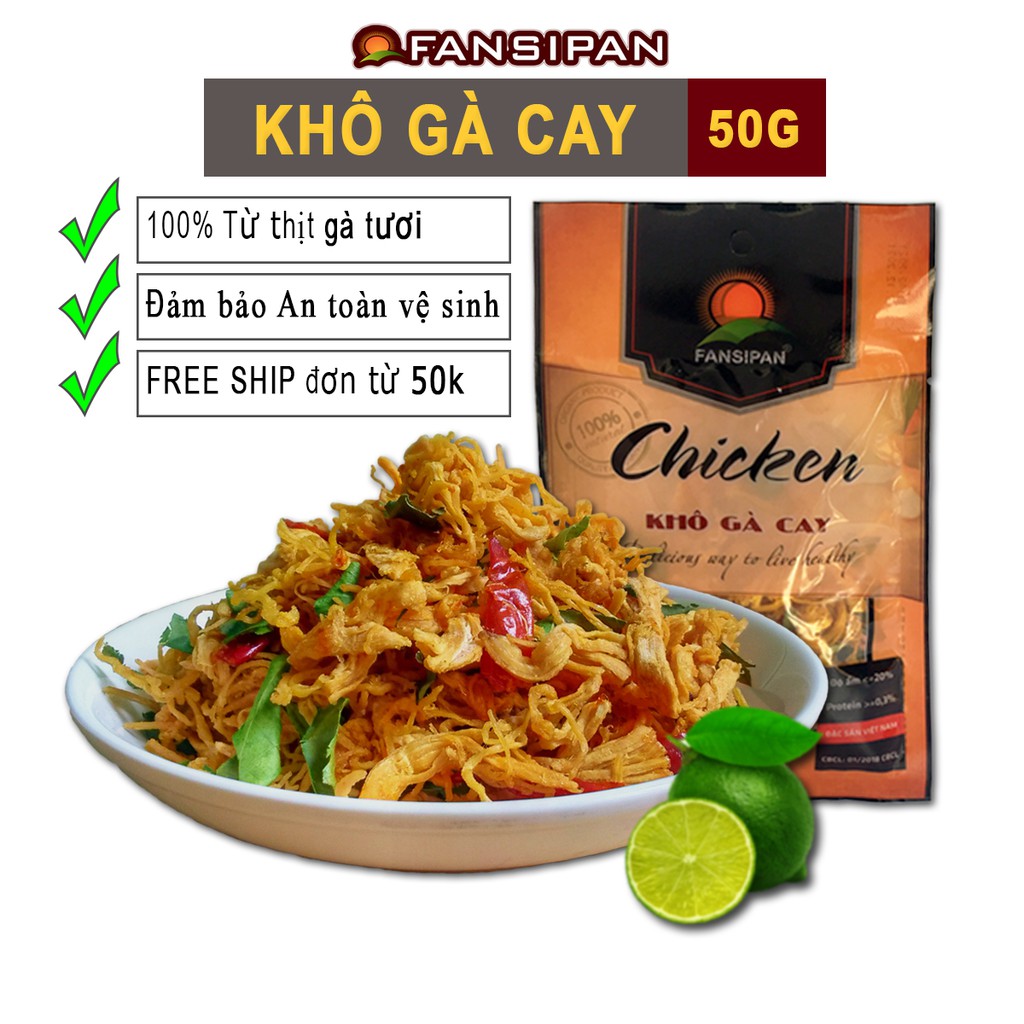 Khô gà lá chanh Fansipan 50g - khô gà lá chanh cay loại 1, thơm ngon không chất độn đảm bảo An toàn vệ sinh Thực phẩm | BigBuy360 - bigbuy360.vn