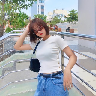 Áo croptop nữ đính nút bấm hai bên ôm body màu trắng chất thun gân mềm mịn - A27