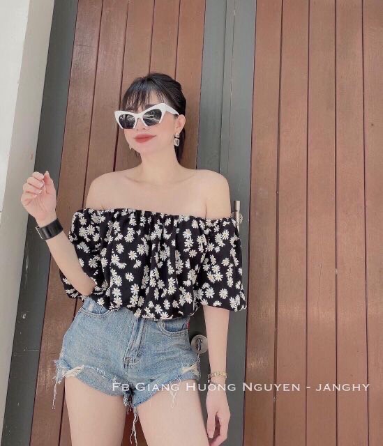 [KÈM ẢNH THẬT + VIDEO] ÁO CROPTOP BẸT VAI HOA CÚC