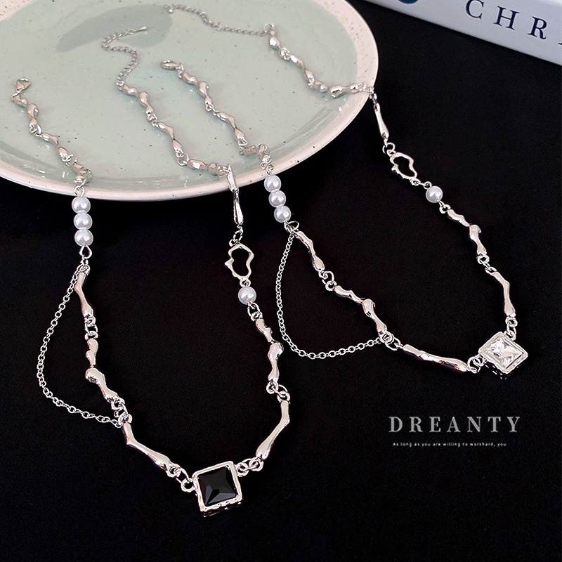 Dây Chuyền Mặt Vuông Đính Ngọc Trai Giả Phong Cách Hip-Hop