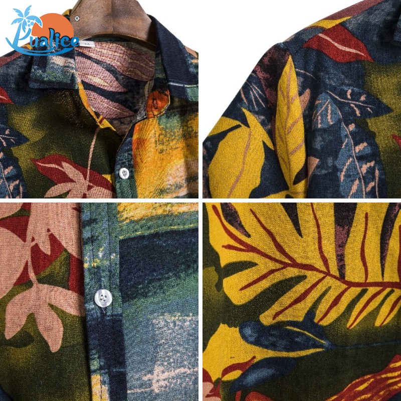Hawaiian men's printed casual shirt loose retro striped shirt casual T-shirt