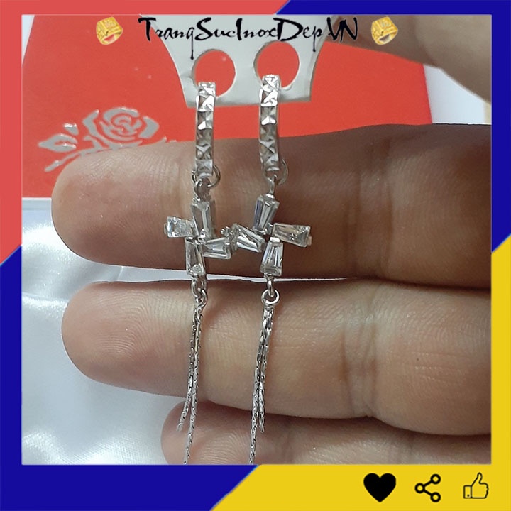 Bông tai nữ tòn ten cỏ 4 lá đính đá rớt tua phong cách Hàn Quốc sáng đẹp, dễ phối đồ