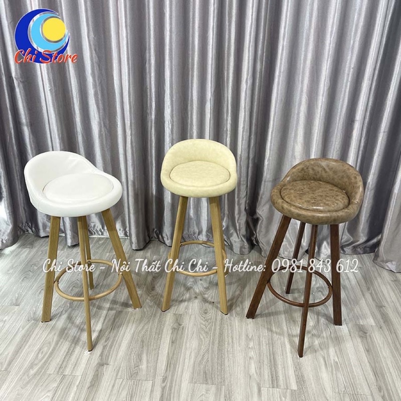 Ghế Quầy Bar Xoay Có Tựa Chân Sắt Sơn Giả Gỗ Bọc Da Cao 75cm, Ghế Bar Cho Quán Cafe, Nhà Hàng Mẫu Tựa Thấp