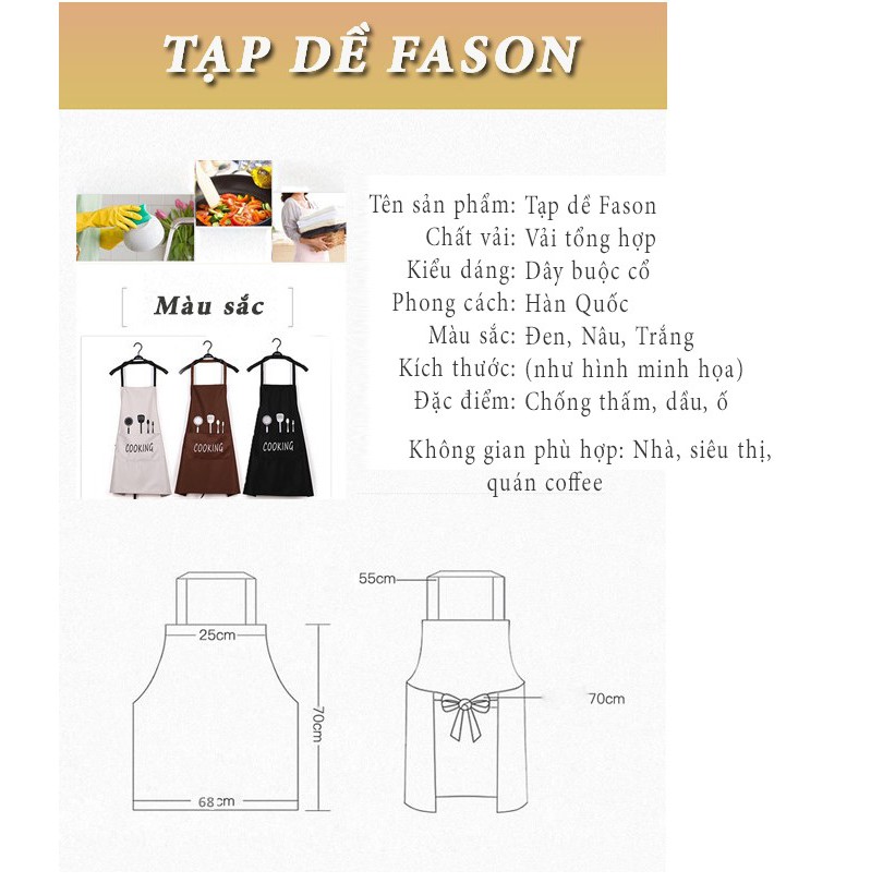 [Mã 155LIFESALE giảm 8% đơn 99K] Tạp dề nấu ăn, pha chế FASON bằng vải cao cấp không thấm nước, chống bám bẩn TT -HOME