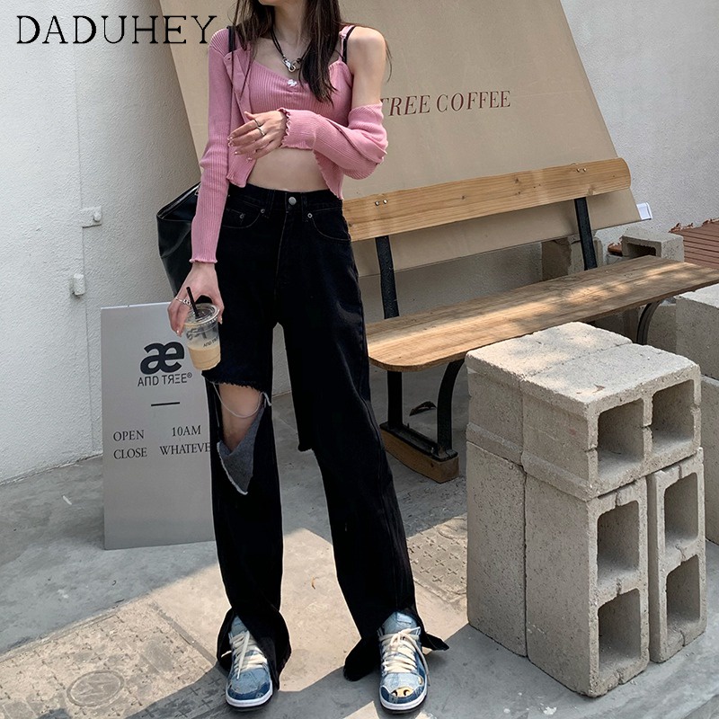 Quần jean daduhey ống suông xẻ tà cá tính thời trang dành cho nữ
