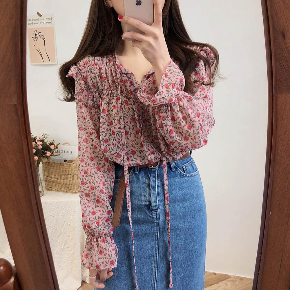 Áo sơ mi voan hoa dài tay thời trang hàn quốc dành cho nữ 28109 | BigBuy360 - bigbuy360.vn