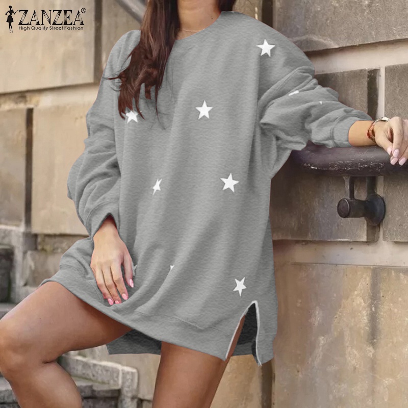 Áo sweatshirt ZANZEA cổ tròn tay dài dáng rộng in họa tiết ngôi sao thời trang cho nữ