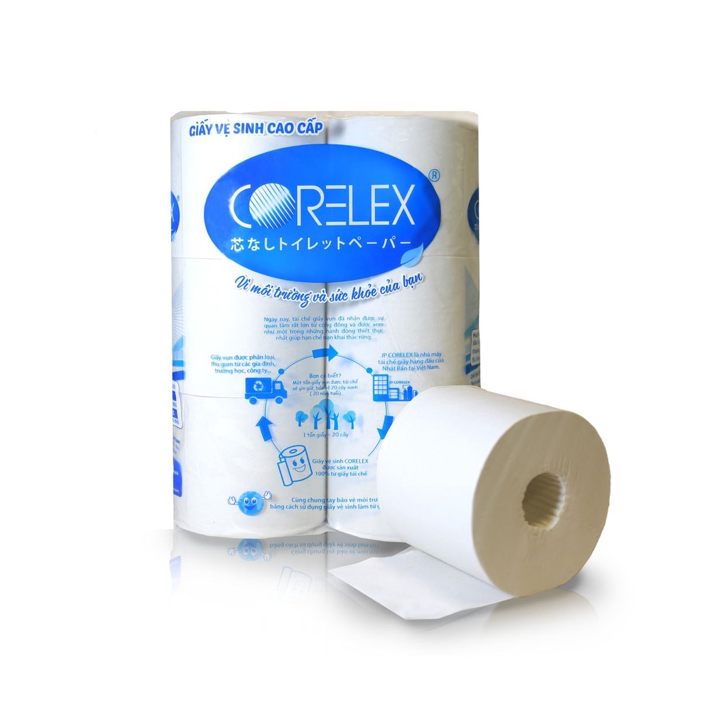 1 xách/6 cuộn GIẤY VỆ SINH CAO CẤP CORELEX, KHÔNG LÕI, sản xuất theo công nghệ Nhật, KHÔNG CHẤT TẨY TRẮNG, an toàn, mềm.