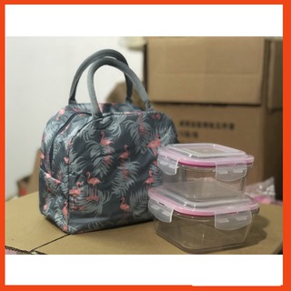 COMBO Túi giữ nhiệt có khóa kéo và hộp cơm thủy tinh vuông ( 520+800ml )