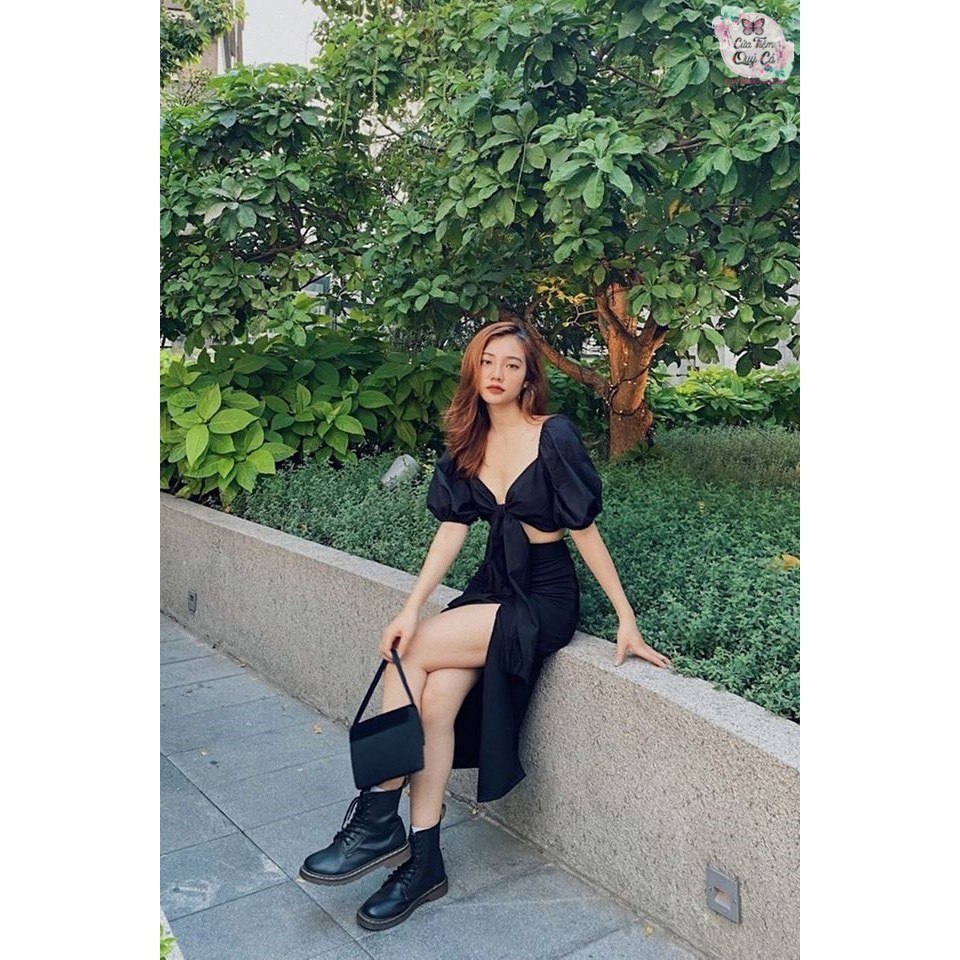 CHÂN VÁY MIDI SKIRT ĐEN TRƠN XẺ TÀ - HÌNH CHỤP THẬT | BigBuy360 - bigbuy360.vn