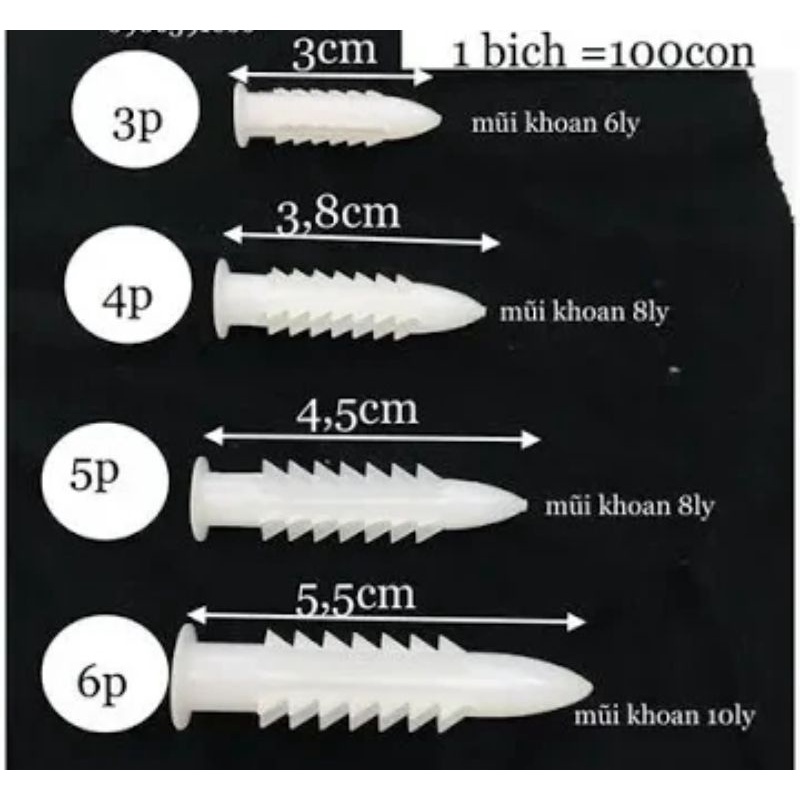 Bịt 10 con tắc kê nhựa từ 6 li đến 12li