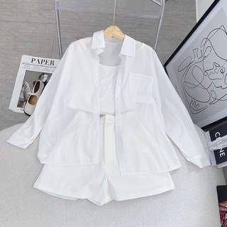 Set áo sơ mi trắng oversize + áo hai dây + short lưng thun