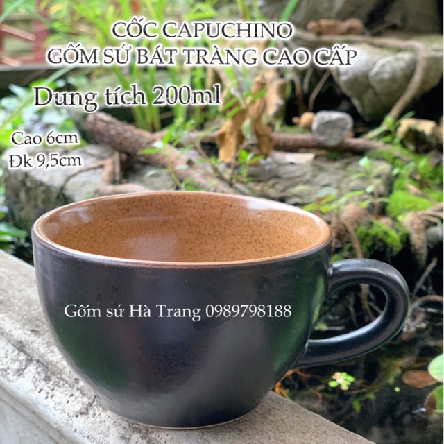 Cốc cafe Capuchino gốm sứ Bát Tràng cao cấp không chì  Men đen lòng nâu gốm hạt tiêu