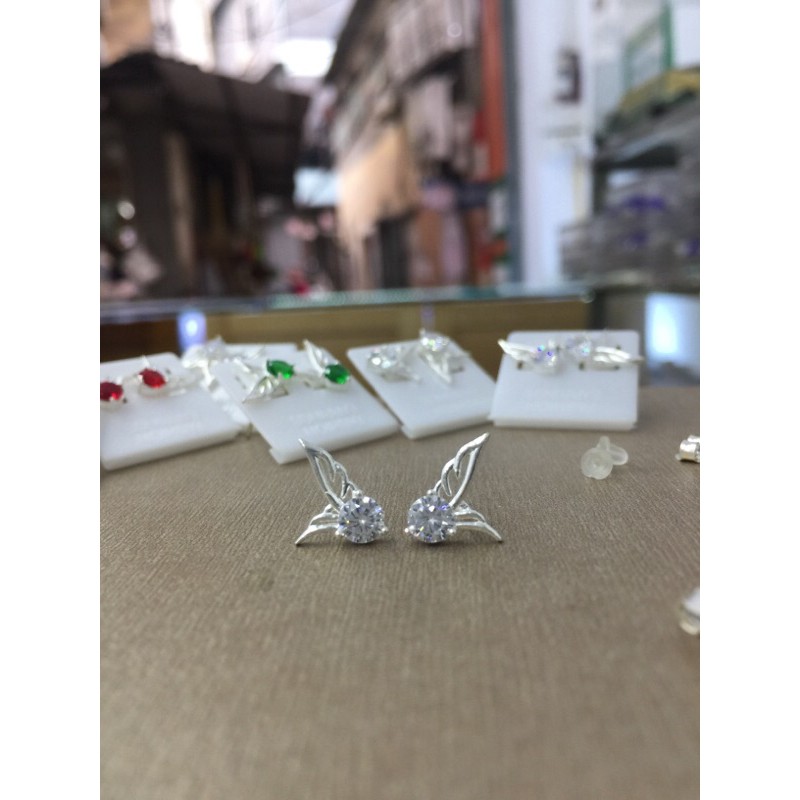 Khuyên tai nụ đá cánh thiên thần cách điệu siêu xinh bạc chuẩn NGỌC MẬU nhiều màu