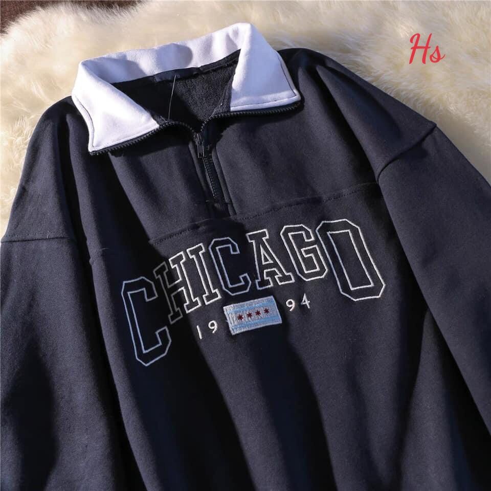 Áo Sweater Nỉ Cổ Khóa Thêu CHICAGO 1994- Nỉ Thun Nam Nữ Dài Tay Cổ Bẻ Chữ In- HOT TỔNG KHO TH | WebRaoVat - webraovat.net.vn