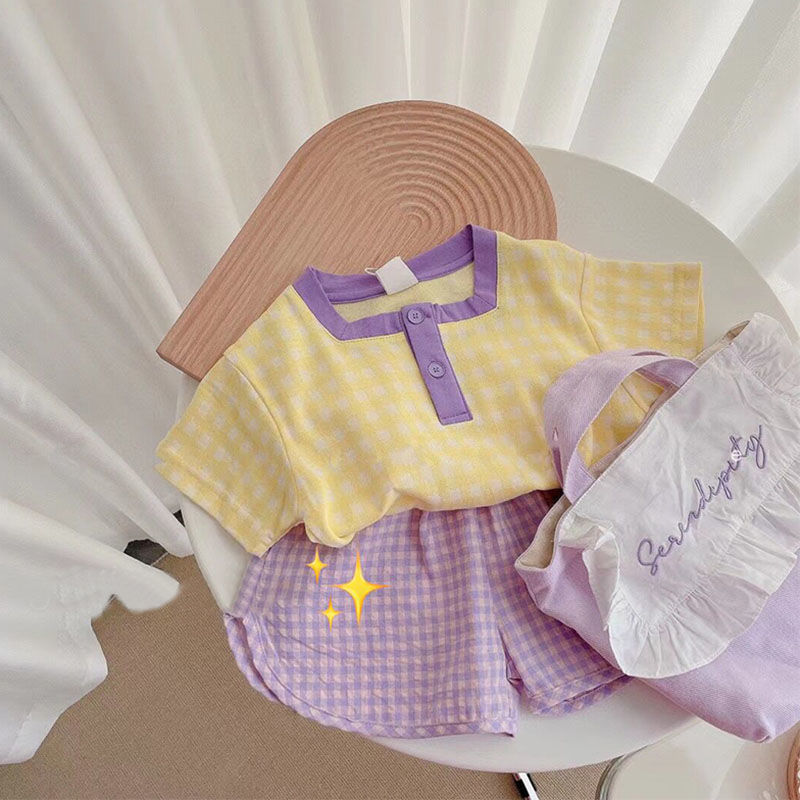 Set áo thun cotton tay ngắn + quần short kẻ sọc màu tím phong cách nhật bản cho bé gái