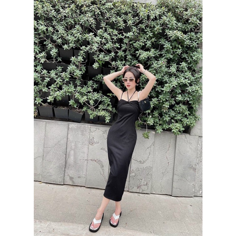 [8.8 Sales Freeship] Đầm nữ ôm body dáng dài, đầm thun đen 2 dây cột dây cổ nhún ngực mặc dạo phố siêu tôn dáng, sexy
