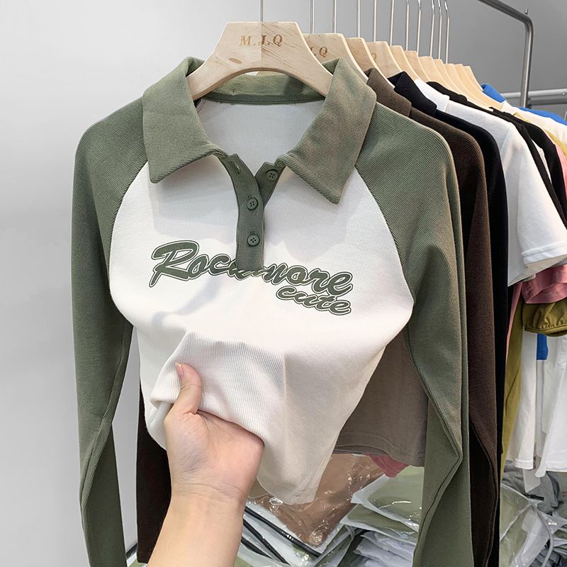 Áo Thun Nữ Tay Dài Cổ polo Màu Trơn Phong Cách Retro