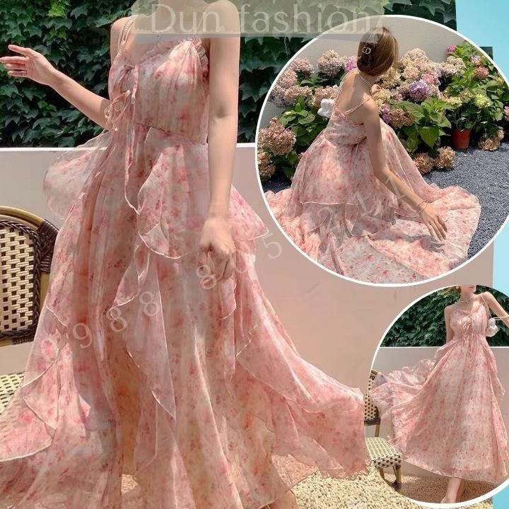 Váy đi biển đầm maxi 2 dây, đầm maxi đi biển váy 2 dây hoa nhí chất liệu voan mềm mại bo chun phần eo siêu tôn dáng