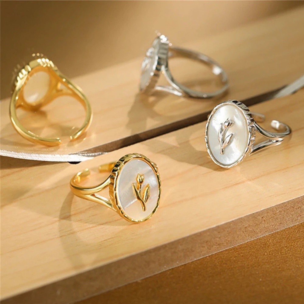 Nhẫn hợp kim chạm hình hoa tulip màu vàng/bạc mạ phong cách vintage dành cho nữ