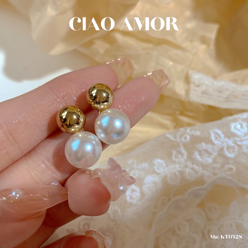 KT0428-Khuyên tai nữ, Bông tai bạc 925 ngọc tròng trên dưới dự tiệc sang trọng đơn giản