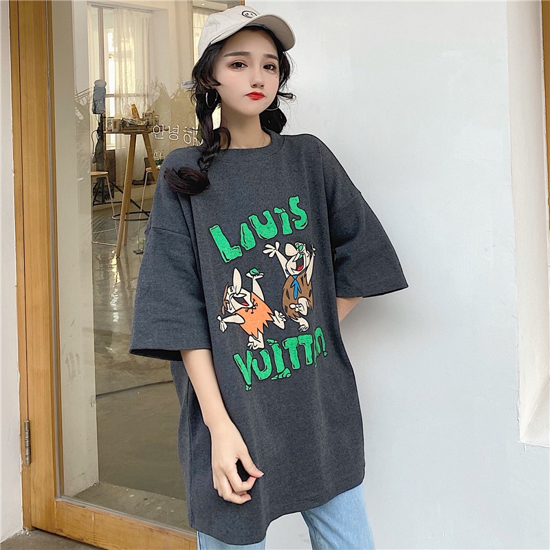 SUXI Áo Thun Tay Ngắn Cổ Tròn Dáng Rộng In Chữ Kiểu Retro Hàn Quốc Dễ Thương