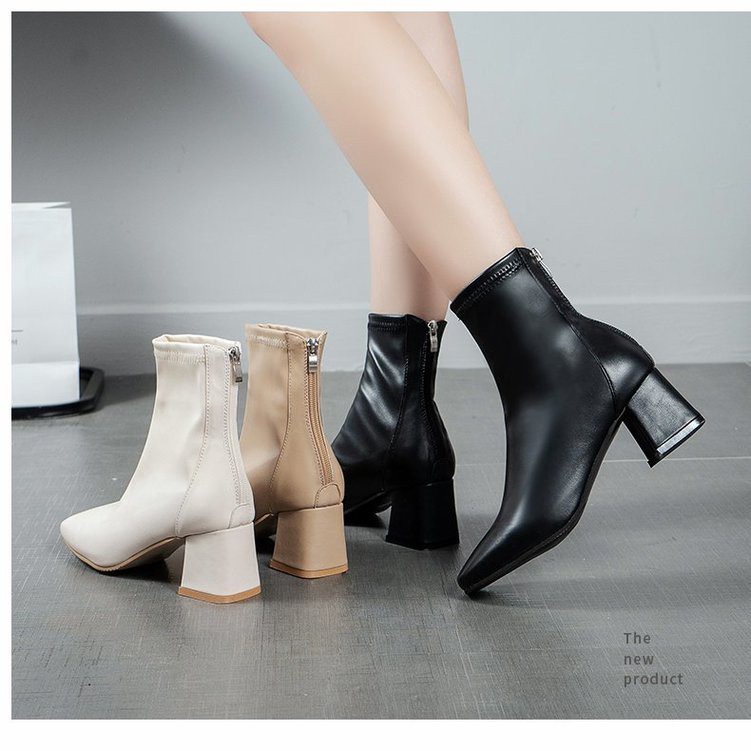 JINxCHOY  Giày Bốt Cao Gót Mũi Vuông Phối Khóa Kéo Sau Cá Tính Thời Trang Cho Nữ | BigBuy360 - bigbuy360.vn