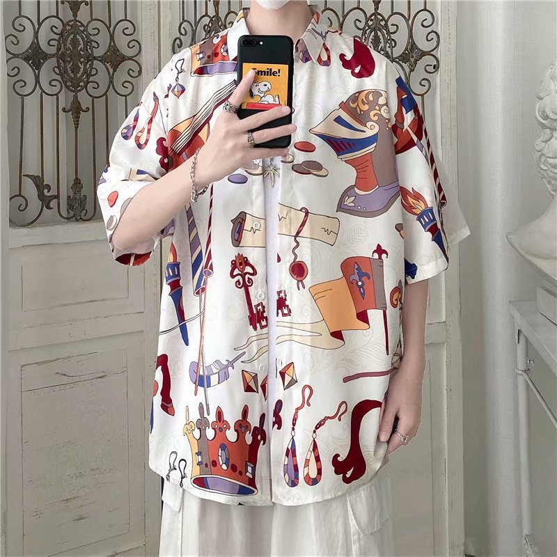 Áo sơ mi ngắn tay 3D hoa phong cách Hàn Quốc cho nam